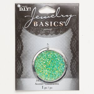 Focal 1pkg1 "druzy" (resin) and silver-finished brass, blue and green AB, 39-40mm top-drilled single-sided round with druzy-like cabochon.