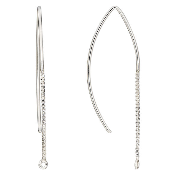 Ear wire, sterling silver, 48mm marquise with 1mm box chain and closed loop, 18 gauge. Sold per pair. image number 0
