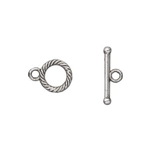 Clasp toggle 1pkg20 silver-plated "pewter" (zinc alloy), 10mm double-sided round, antique 1-strand