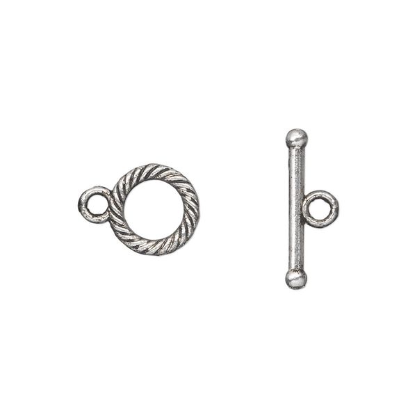 Clasp, toggle, antique silver-plated "pewter" (zinc-based alloy), 10mm double-sided twisted round. Sold per pkg of 20. image number 0