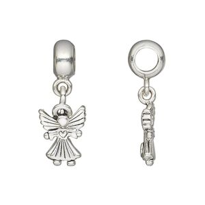 Bead, antique silver-plated pewter (tin-based alloy), 27x10.5mm angel dangling from smooth rondelle. Sold individually.