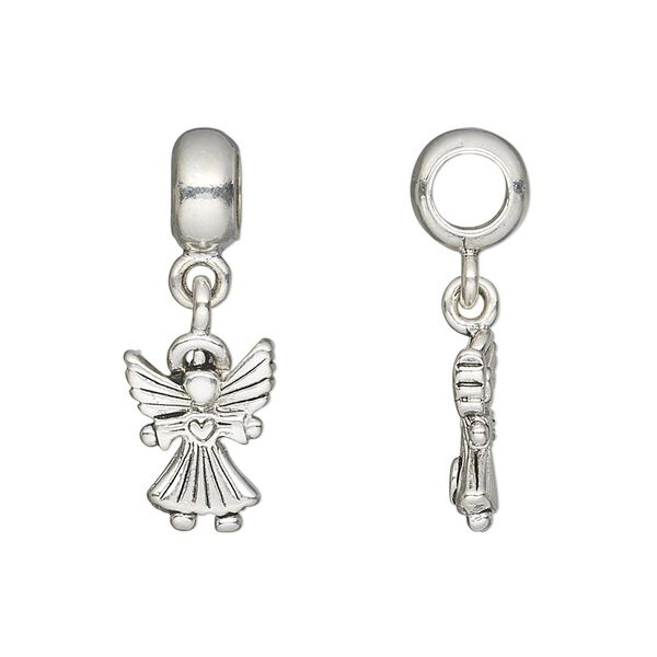 Bead, antique silver-plated pewter (tin-based alloy), 27x10.5mm angel dangling from smooth rondelle. Sold individually. image number 0