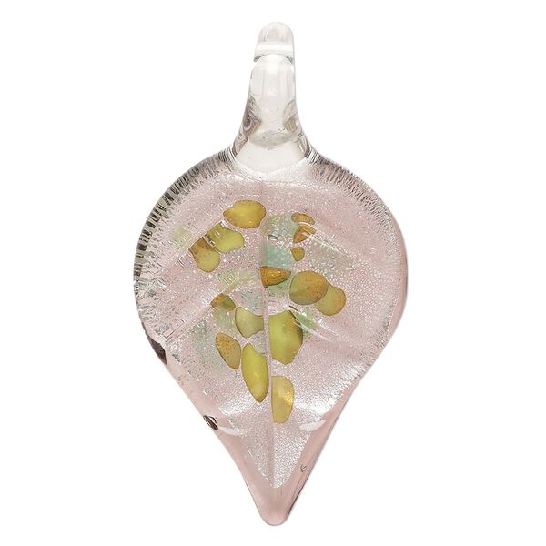 Focal, lampworked glass, opaque to transparent purple / green / light blue, 52x29mm-57x31mm leaf with silver-colored foil. Sold individually. image number 0