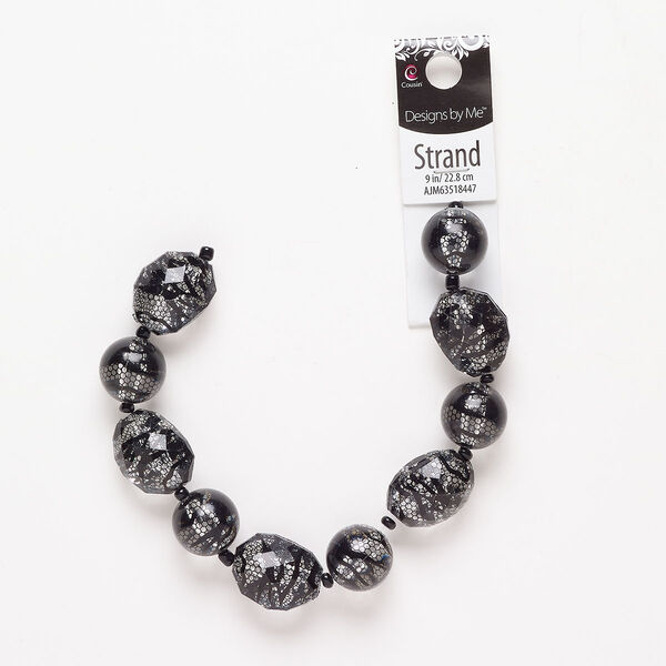Acrylic 1pkg1 mixed shapes bead opaque / transparent black / clear / lattice / line design 9 inch 24.5x19mm / 17.5mm image number 0