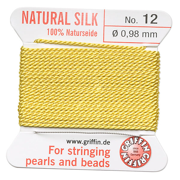 Thread, Griffin, silk, yellow, size #12. Sold per 2-meter card (approximately 78 inches). image number 0