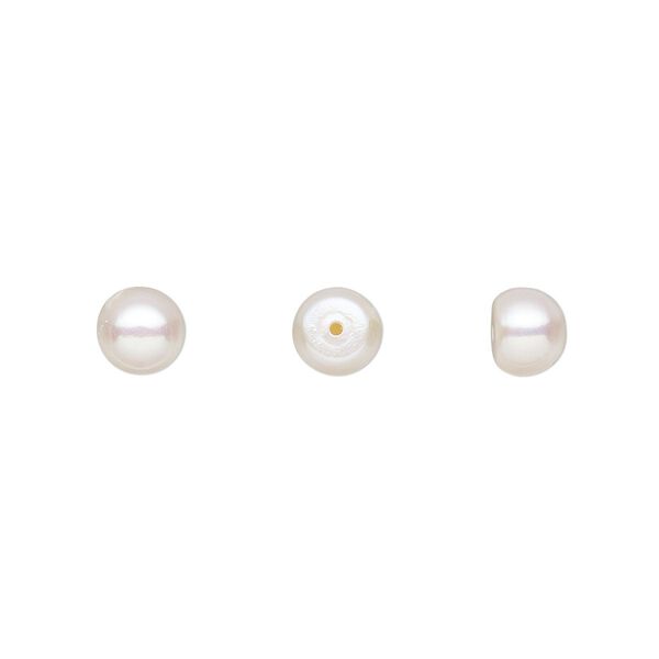 Pearl, White Lotus™, cultured freshwater (bleached), white, 6mm half-drilled button, B grade, Mohs hardness 2-1/2 to 4. Sold per pkg of 4 pairs. image number 0