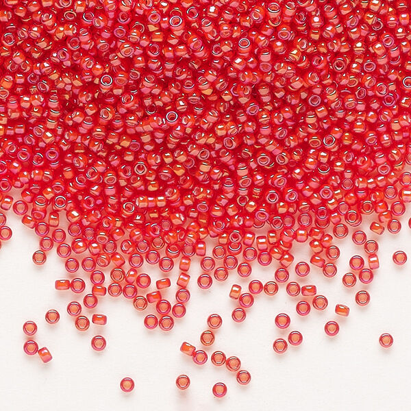 Seed bead, Miyuki, glass, pkg/250g, #15 rocaille, opaque white-lined luster flame red, (RR-3762). image number 0