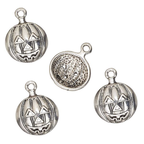 Charm, antique silver-finished "pewter" (zinc-based alloy), 16x15mm single-sided jack-o-lantern. Sold per pkg of 4. image number 0