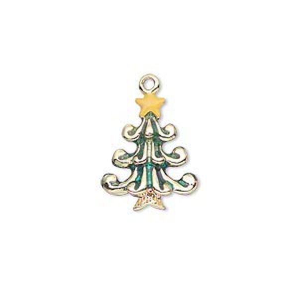 Charm, gold-finished "pewter" (zinc-based alloy) and enamel, green and yellow, 18x14mm double-sided Christmas tree with star. Sold individually. image number 0