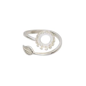 Ring, JBB Findings, sterling silver, 2mm wide band with leaf and 10mm round with SS39 rivoli bezel setting, size 6 to 8. Sold individually.