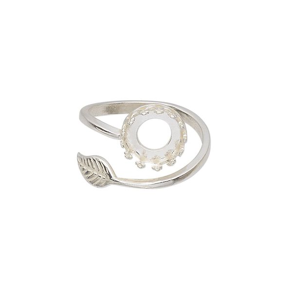 Ring, JBB Findings, sterling silver, 2mm wide band with leaf and 10mm round with SS39 rivoli bezel setting, size 6 to 8. Sold individually. image number 0
