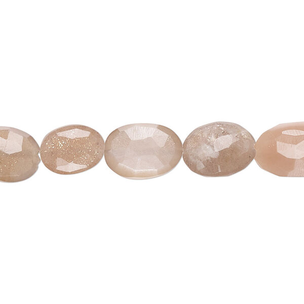 Bead, peach moonstone and grey moonstone (natural), 9x7mm-12x8mm hand-cut faceted puffed oval, B- grade, Mohs hardness 6 to 6-1/2. Sold per 8-inch strand, approximately 20 beads. image number 0