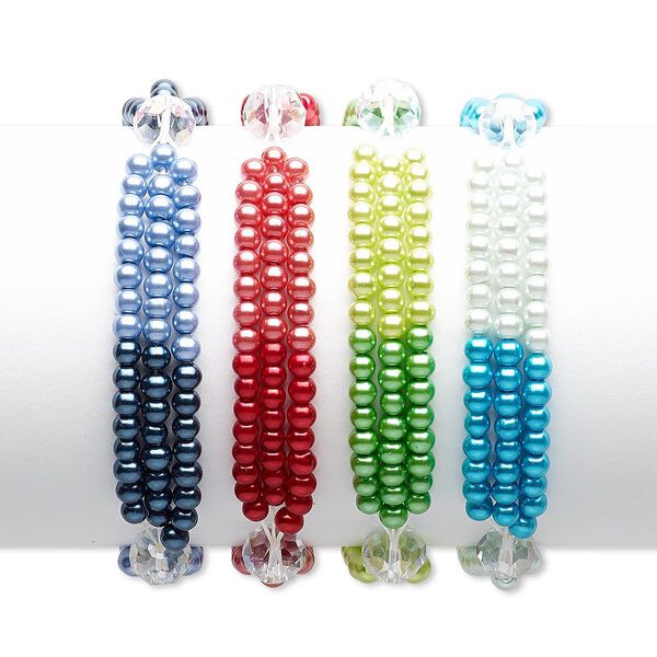 Bracelet mix, 3-strand stretch, glass and glass pearl, mixed AB colors, 4mm round and 10x8mm faceted rondelle, 7 inches. Sold per pkg of 4. image number 0