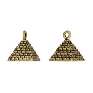 Charm, antique gold-plated pewter (tin-based alloy), 12.5x10mm 3D pyramid. Sold per pkg of 2.