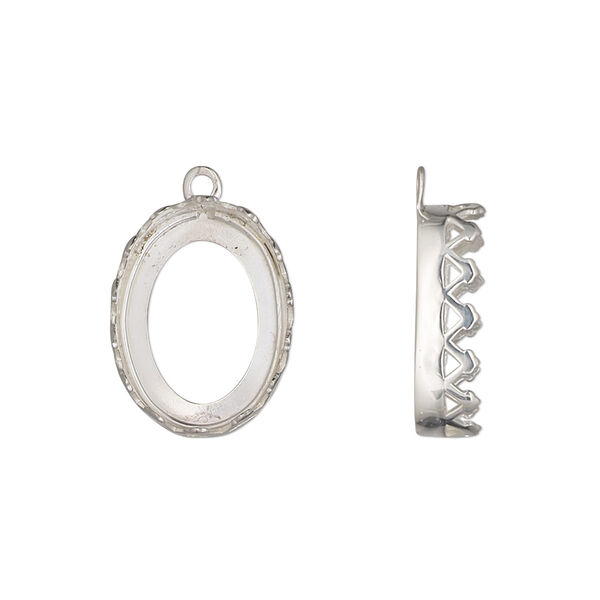 Drop, sterling silver, 17.5x13mm oval with decorative trim and open back with 16x12mm oval cabochon bezel setting. Sold individually. image number 0