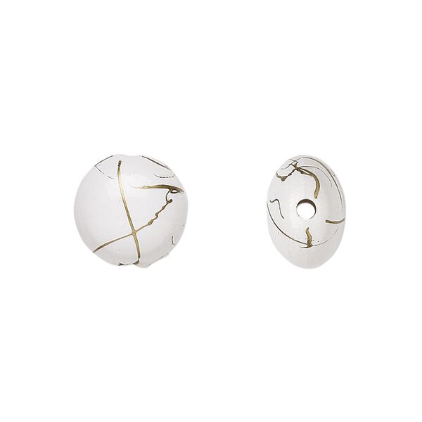 Bead, acrylic, white and gold, 12mm puffed flat round with swirls. Sold per pkg of 160. image number 0