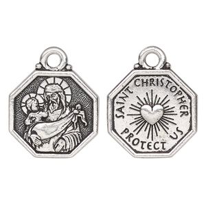 Drop, TierraCast®, antique silver-plated pewter, 20mm 2-sided octagon with Saint Christopher and "Saint Christopher protect us." Sold per pkg of 10.