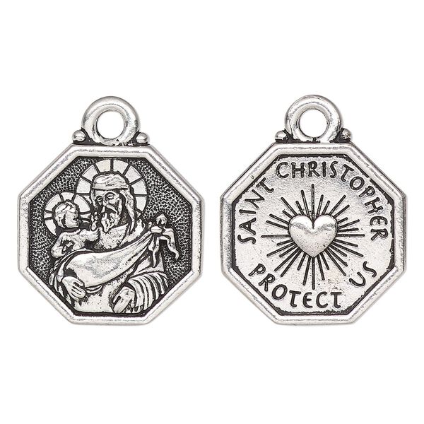 Drop, TierraCast®, antique silver-plated pewter, 20mm 2-sided octagon with Saint Christopher and "Saint Christopher protect us." Sold per pkg of 10. image number 0