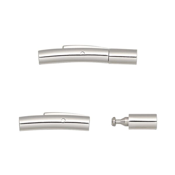 Clasp, bullet, stainless steel, 25x5mm curved round tube with push button and glue-in ends, 2mm inside diameter. Sold individually. image number 0