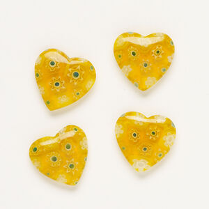 Bead, millefiori glass, translucent yellow-orange and multicolored, 18-20mm half-drilled puffed heart. Sold per pkg of 4.