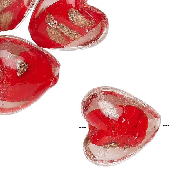 Bead, lampworked glass, clear and red with copper-colored glitter, 20x20mm puffed heart. Sold per pkg of 10. image number 0