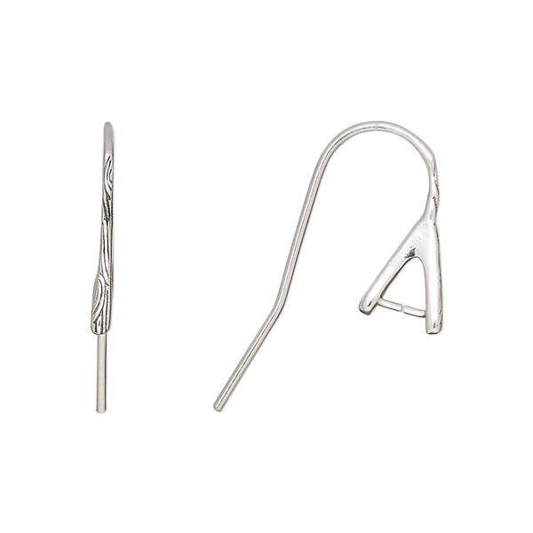 Ear wire, antiqued sterling silver, 16mm textured fishhook with ice-pick bail and wood grain design, 3.2mm grip length, 20 gauge. Sold per pair. image number 0