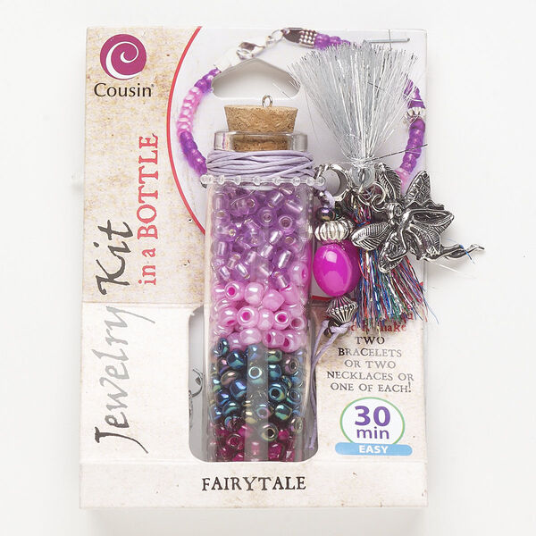 Necklace or bracelet kit, glass / steel / antique silver-finished "pewter" (zinc-based alloy) / cork / cotton / acrylic, mixed colors, fairytale theme. Sold per set. image number 0