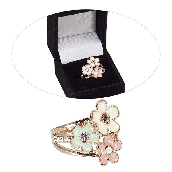 Ring, Czech glass rhinestone / enamel / rose gold-finished brass, multicolored, 21mm wide with flowers, size 8. Sold individually. image number 0