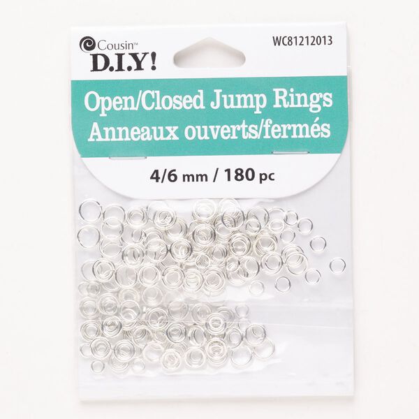 Jump ring mix, steel, pkg/180, silver finish, 4mm and 6mm closed and open round, 17- and 21-gauge, 2.5-4.7mm inside diameter. image number 0