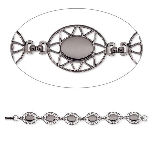 Bracelet component, gunmetal-plated brass, 20x17mm fancy oval with (6) 10x8mm oval settings, 7 inches with fold-over clasp. Sold per pkg of 10. image number 0