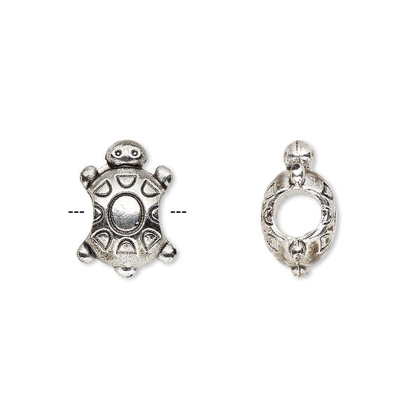 Bead, antique silver-finished "pewter" (zinc-based alloy), 15x10.5mm double-sided turtle. Sold per pkg of 12. image number 0