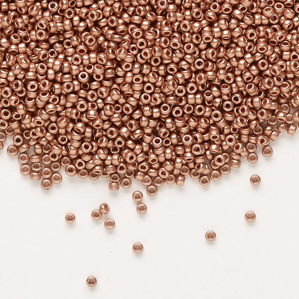 Seed bead, Miyuki, glass, pkg/35g, #15 rocaille, opaque copper-plated, (RR-187). image number 0
