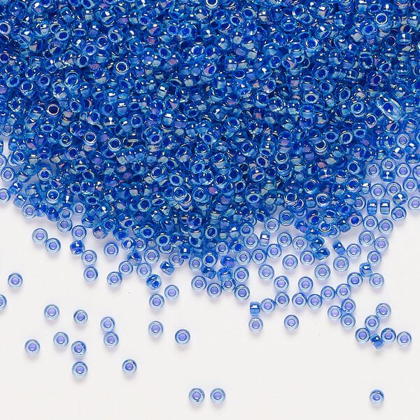 Seed bead, Miyuki, glass, pkg/35g, #15 rocaille, translucent cobalt-lined rainbow sapphire (RR-353). image number 0