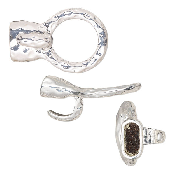 Clasp, hook, silver-finished "pewter" (zinc-based alloy), 33x22mm with 10x4.5mm glue-in cord end, hammered. Sold per pkg of 2. image number 0