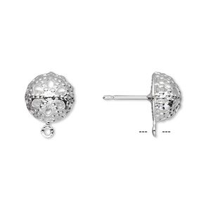 Earstud 1pkg10 silver-plated, 10mm filigree domed / closed loop, brass / stainless steel 5 pair