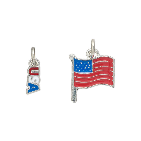 Charm assortment, imitation rhodium-finished "pewter" (zinc-based alloy) and enamel, red / white / blue, 16x15mm US flag and 8x4mm "USA". Sold per 2-piece set. image number 0