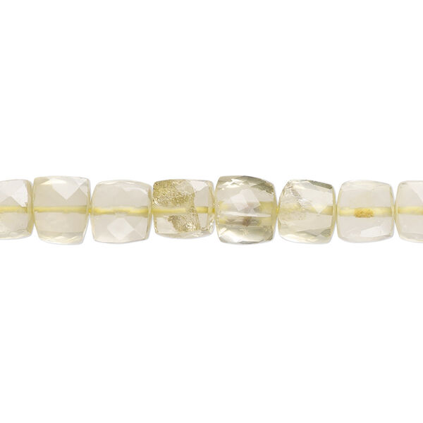 Bead, lemon quartz (heated), 6mm-7x6mm hand-cut faceted cube with 0.4-1.4mm hole, B+ grade, Mohs hardness 7. Sold per 10-inch strand, approximately 40 beads. image number 0