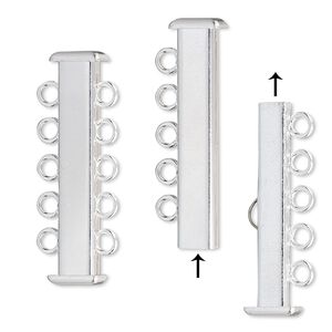 Clasp slide lock 1pkg4 silver-plated, 31x7mm rectangle tube, brass 5-strand