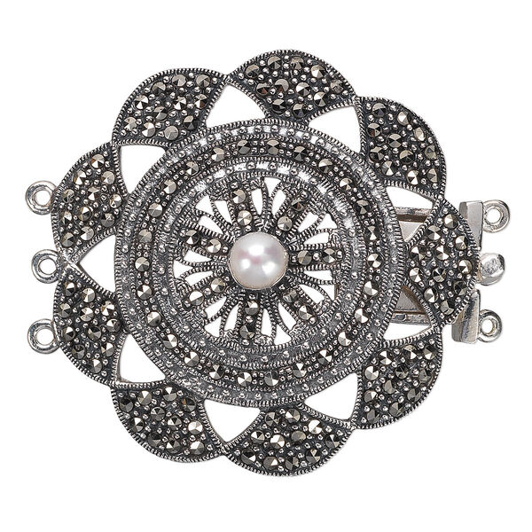 Clasp, 3-strand tab, Signity® marcasite (natural) / freshwater pearl shell (bleached) / antiqued sterling silver, 40mm domed round with cutout design. Sold individually. image number 0
