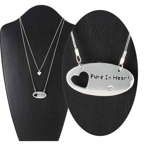 Necklace, 2-strand, glass with silver-finished "pewter" (zinc-based alloy) and brass, clear, 36.5x19.5mm oval with cutout heart and "Pure in Heart," 17 inches with 3-inch extender chain and lobster claw clasp. Sold individually. image number 0