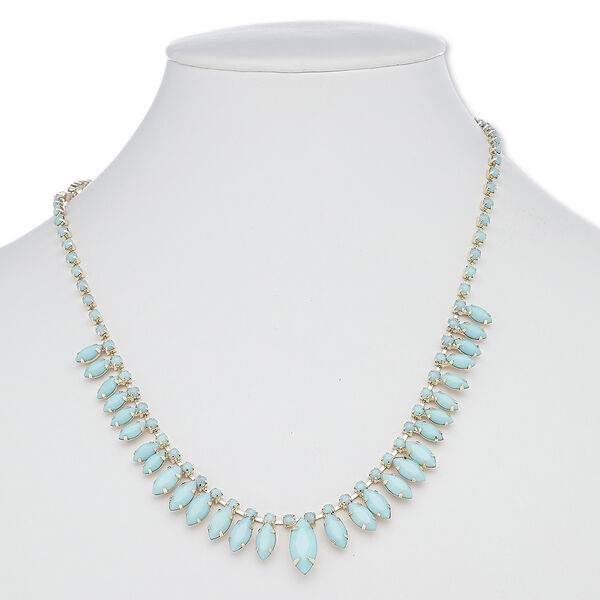 Necklace, acrylic / gold-finished brass / steel / "pewter" (zinc-based alloy), turquoise blue, marquise, 16 inches with 2-inch extender chain and lobster claw clasp. Sold individually. image number 0