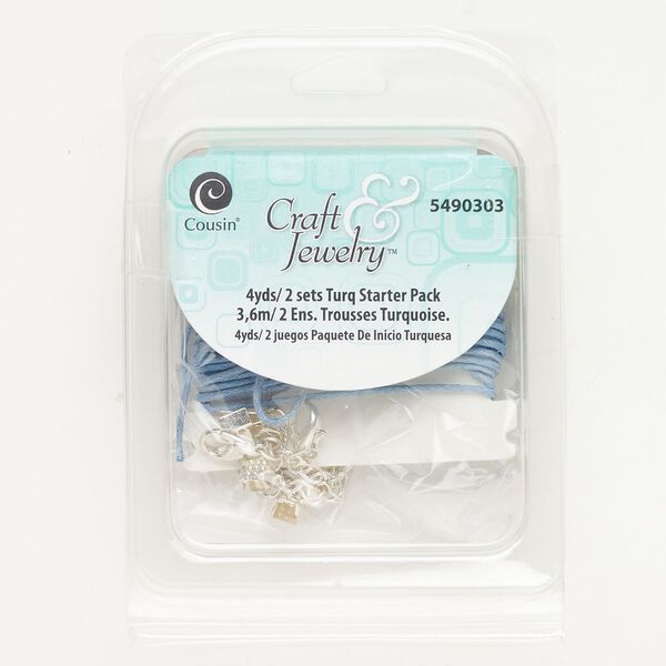 Waxed cotton / mixed metals 1pkg3, round cord / cord end / clasp assortment blue / silver-finished mixed sizes image number 0