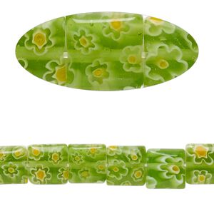 Bead, millefiori glass, translucent green / yellow / white, 7mm-9x8mm puffed square with flower design. Sold per 14-inch strand.