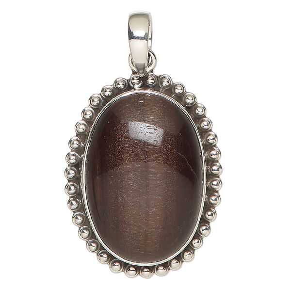Pendant, red tigereye (heated) and antiqued sterling silver, 33x26mm-37x27mm beaded oval. Sold individually. image number 0