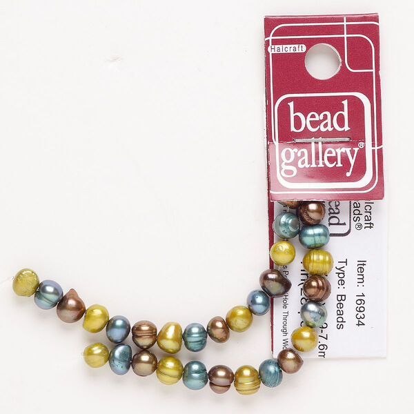 Cultured freshwater pearl, 1pkg1 5-7mm semi-round C grade, dyed bronze / dark teal / gold 6 inches image number 0