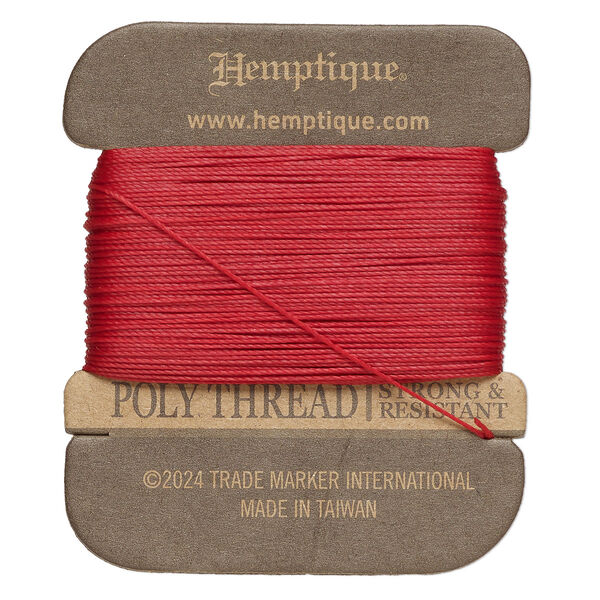 Thread, Hemptique®, polyester, pkg/32 yards, red, 0.45mm 3-ply round. image number 0