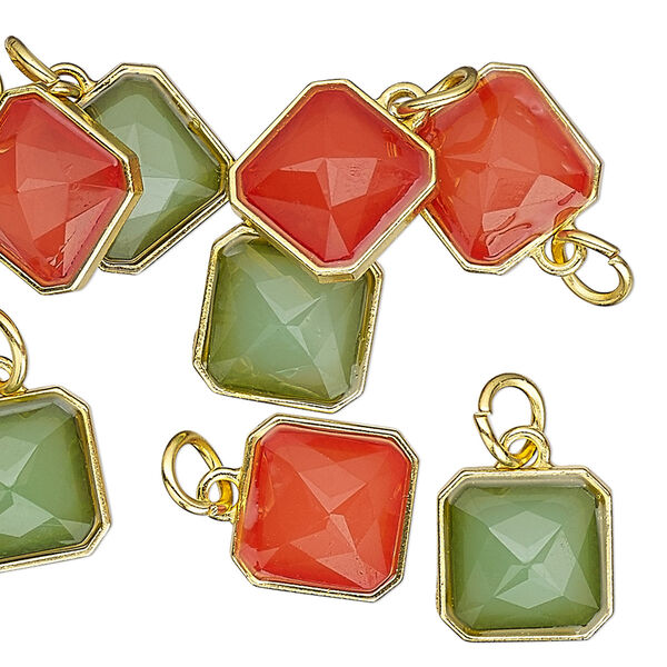 Drop mix, Charmed, resin with gold-finished steel and "pewter" (zinc based alloy), assorted red and green, 12mm faceted square. Sold per pkg of 8. image number 0