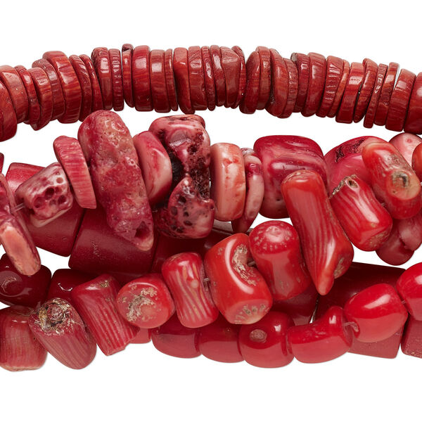 Bead mix, bamboo coral (dyed), red, 8x7mm-18x15mm mixed shapes, Mohs hardness 3-1/2 to 4. Sold per pkg of (5) 15-inch strands. image number 0