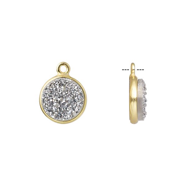 Druzy agate / sterling silver 1pkg1, electrocoated gold finished hand-cut flat round drop 11mm image number 0