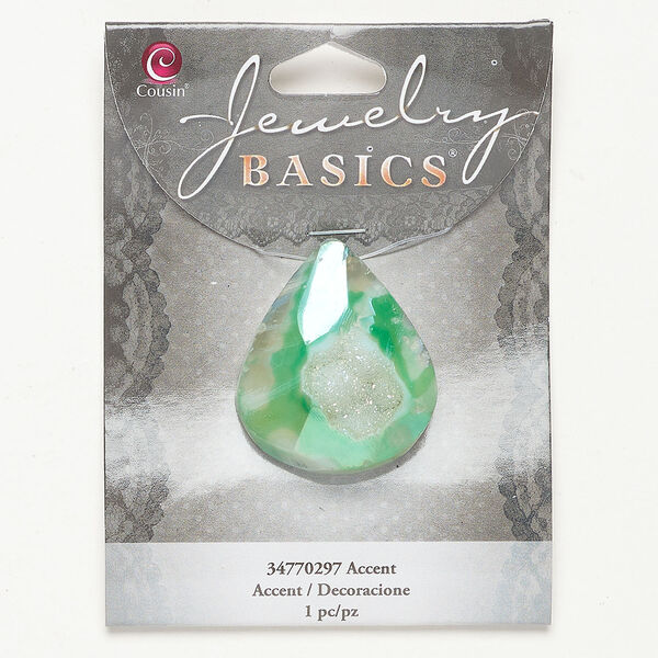 Focal 1pkg1, "druzy" glass, green and clear AB, 36x26mm-39x33mm top-drilled teardrop. image number 0